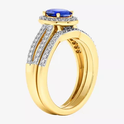 Modern Bride Gemstone Womens / CT. T.W. Genuine Blue Sapphire 10K Gold Oval Side Stone Halo Engagement Ring