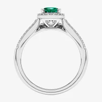 Modern Bride Gemstone Womens / CT. T.W. Genuine Green Emerald 10K Gold Oval Side Stone Halo Engagement Ring