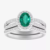 Modern Bride Gemstone Womens / CT. T.W. Genuine Green Emerald 10K Gold Oval Side Stone Halo Engagement Ring