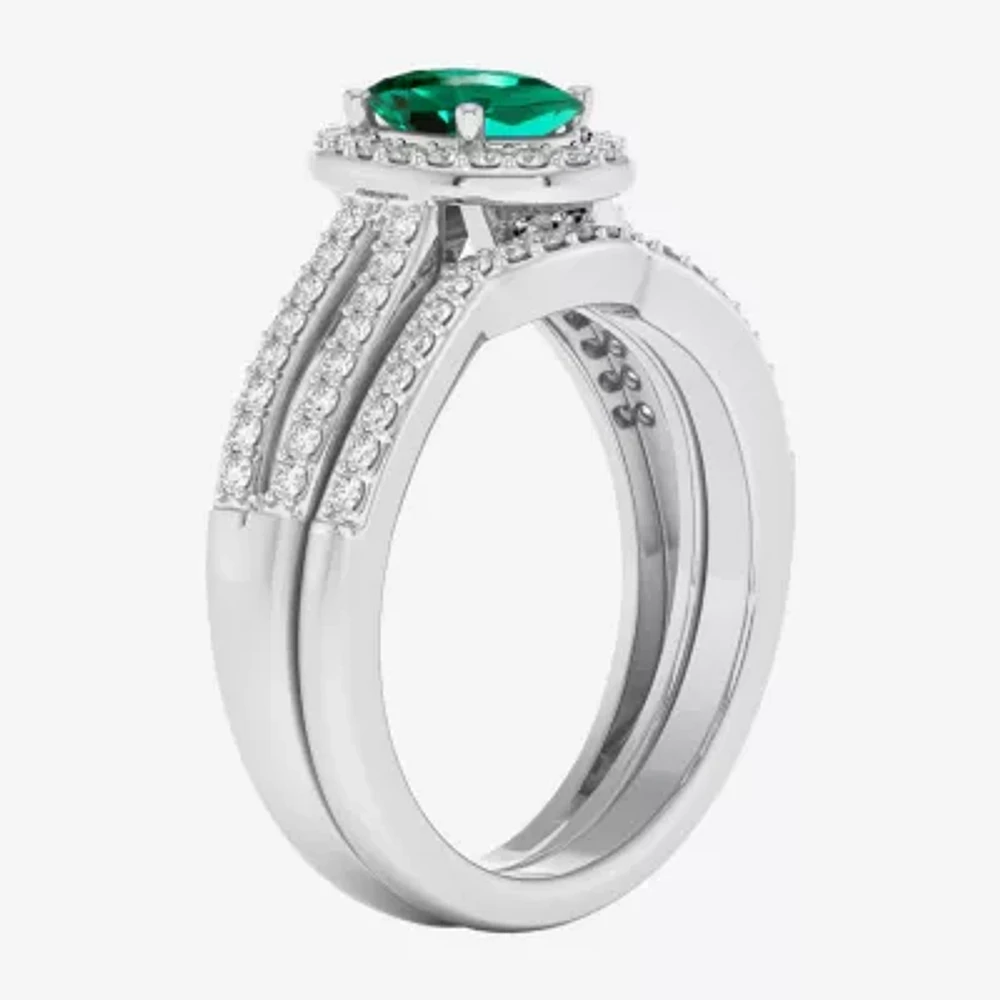 Modern Bride Gemstone Womens / CT. T.W. Genuine Green Emerald 10K Gold Oval Side Stone Halo Engagement Ring