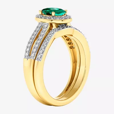 Modern Bride Gemstone Womens / CT. T.W. Genuine Green Emerald 10K Gold Oval Side Stone Halo Engagement Ring