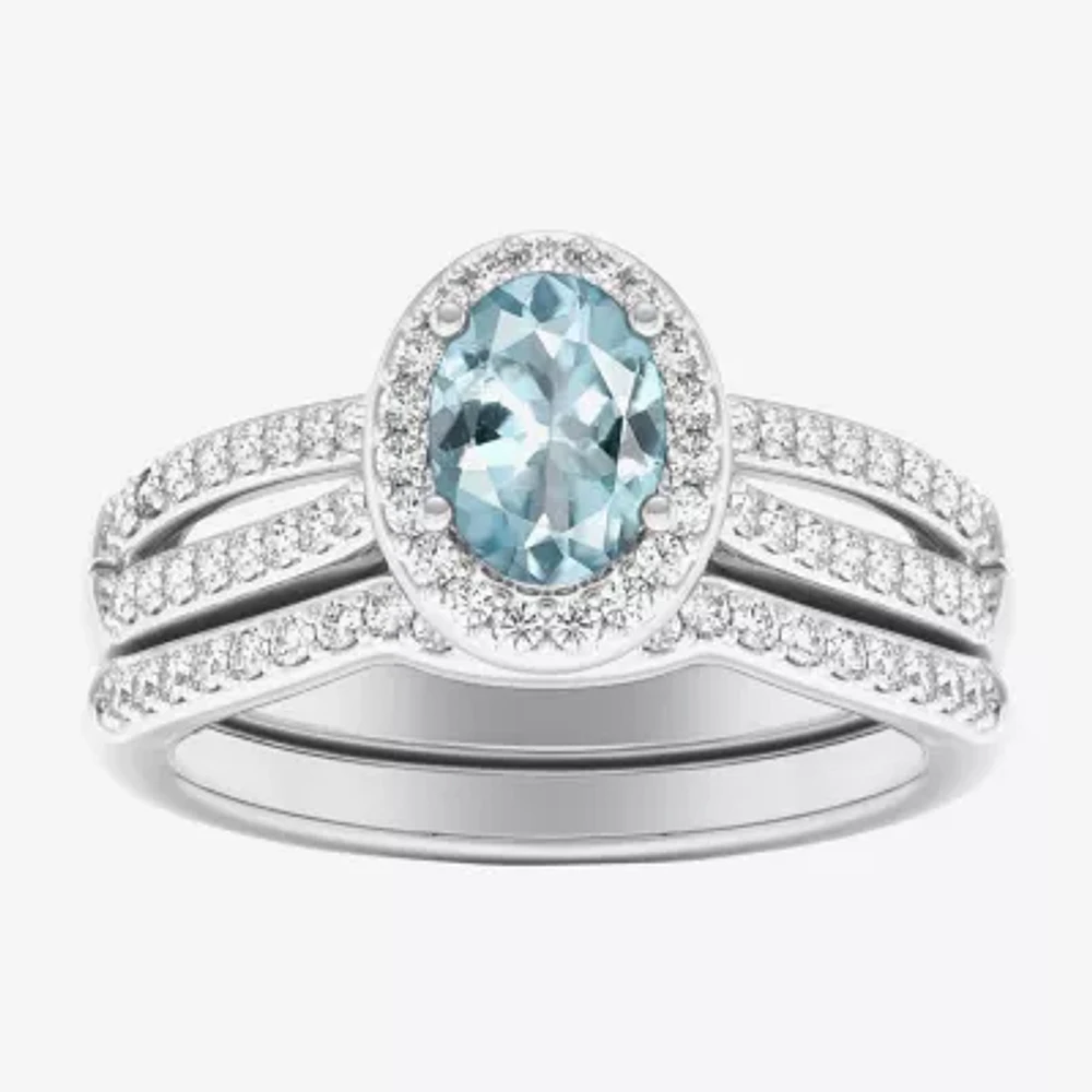 Modern Bride Gemstone Womens 1/2 CT. T.W. Genuine Blue Sapphire 10K White Gold Oval Side Stone Halo Engagement Ring