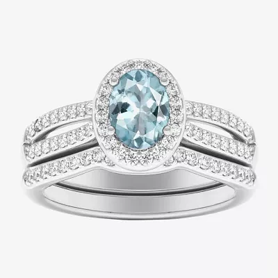 Modern Bride Gemstone Womens 1/2 CT. T.W. Genuine Blue Sapphire 10K White Gold Oval Side Stone Halo Engagement Ring