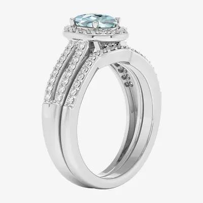 Modern Bride Gemstone Womens / CT. T.W. Genuine Blue Aquamarine 10K Gold Oval Side Stone Halo Engagement Ring