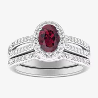 Modern Bride Gemstone Womens 1/2 CT. T.W. Genuine Red Garnet 10K Gold Oval Side Stone Halo Engagement Ring