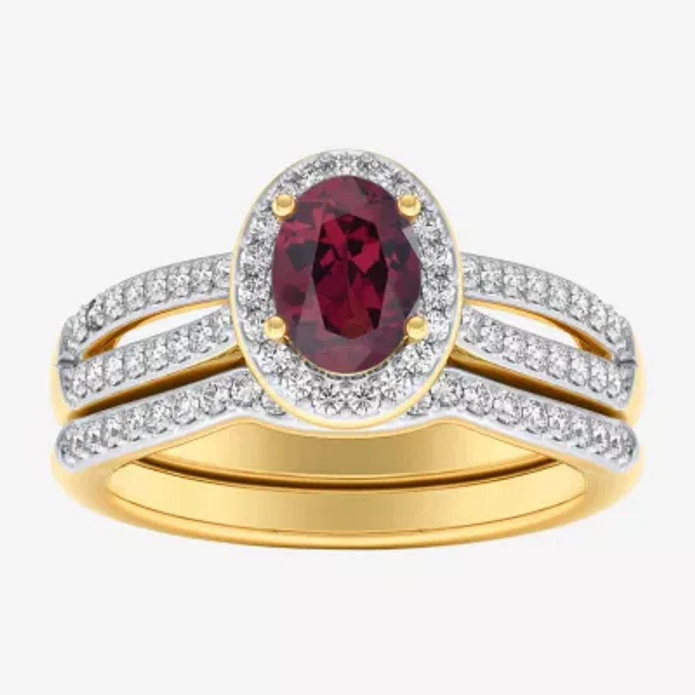 Modern Bride Gemstone Womens 1/2 CT. T.W. Genuine Red Garnet 10K Gold Oval Side Stone Halo Engagement Ring