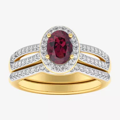 Modern Bride Gemstone Womens 1/2 CT. T.W. Genuine Red Garnet 10K Gold Oval Side Stone Halo Engagement Ring