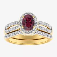 Modern Bride Gemstone Womens / CT. T.W. Genuine Red Garnet 10K Gold Oval Side Stone Halo Engagement Ring