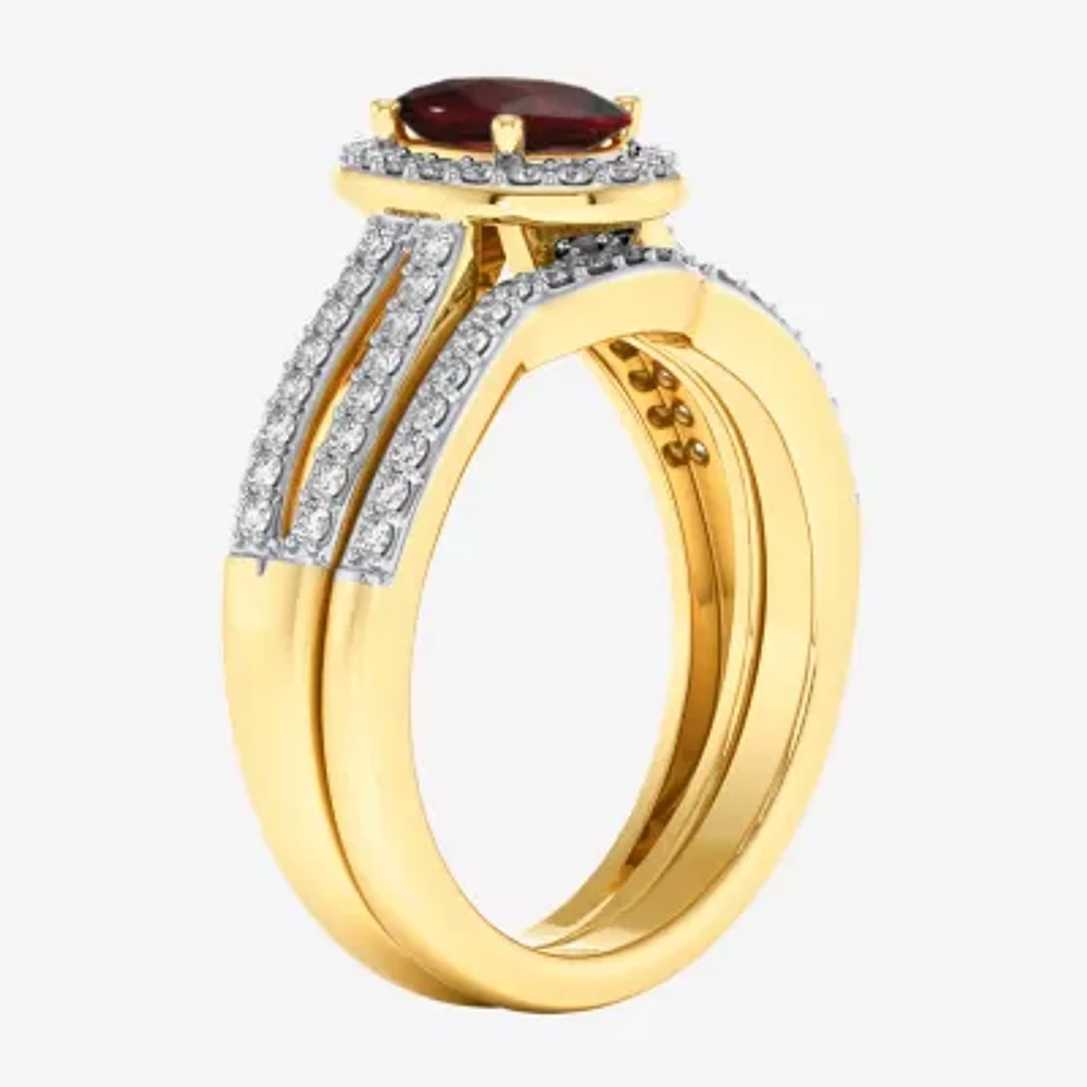 Modern Bride Gemstone Womens / CT. T.W. Genuine Red Garnet 10K Gold Oval Side Stone Halo Engagement Ring