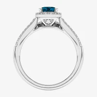 Modern Bride Gemstone Womens / CT. T.W. Genuine Blue Topaz 10K Gold Oval Side Stone Halo Engagement Ring