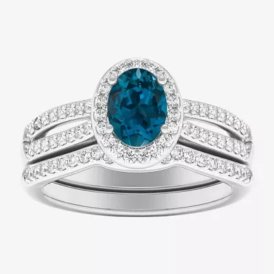 Modern Bride Gemstone Womens 1/2 CT. T.W. Genuine Blue Topaz 10K Gold Oval Side Stone Halo Engagement Ring