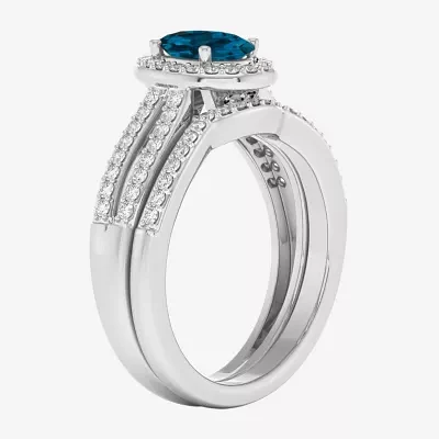 Modern Bride Gemstone Womens / CT. T.W. Genuine Blue Topaz 10K Gold Oval Side Stone Halo Engagement Ring