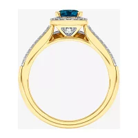 Modern Bride Gemstone Womens / CT. T.W. Genuine Blue Topaz 10K Gold Oval Side Stone Halo Engagement Ring