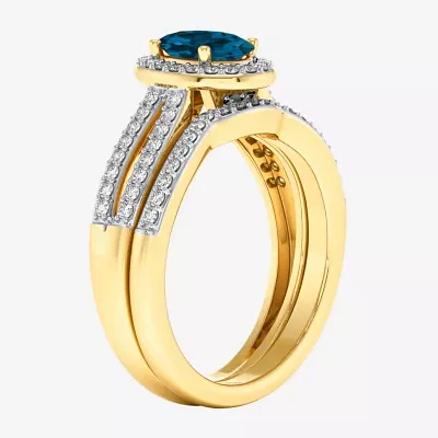 Modern Bride Gemstone Womens / CT. T.W. Genuine Blue Topaz 10K Gold Oval Side Stone Halo Engagement Ring