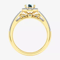 Modern Bride Gemstone Womens 3/8 CT. T.W. Genuine Blue Topaz 10K Gold Oval Side Stone Halo Engagement Ring