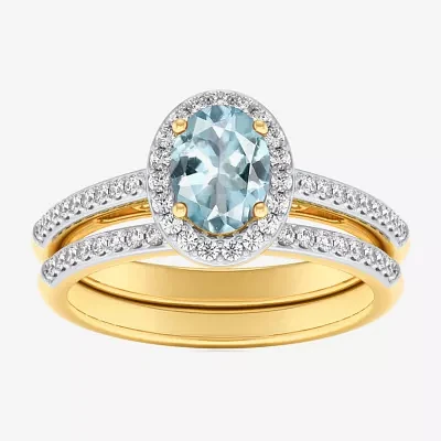 Modern Bride Gemstone Womens 3/8 CT. T.W. Genuine Blue Topaz 10K Gold Oval Side Stone Halo Engagement Ring