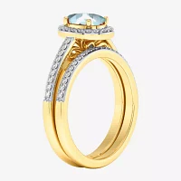 Modern Bride Gemstone Womens 3/8 CT. T.W. Genuine Blue Topaz 10K Gold Oval Side Stone Halo Engagement Ring