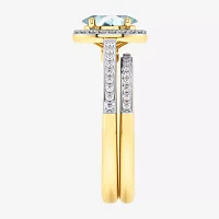 Modern Bride Gemstone Womens 3/8 CT. T.W. Genuine Blue Topaz 10K Gold Oval Side Stone Halo Engagement Ring