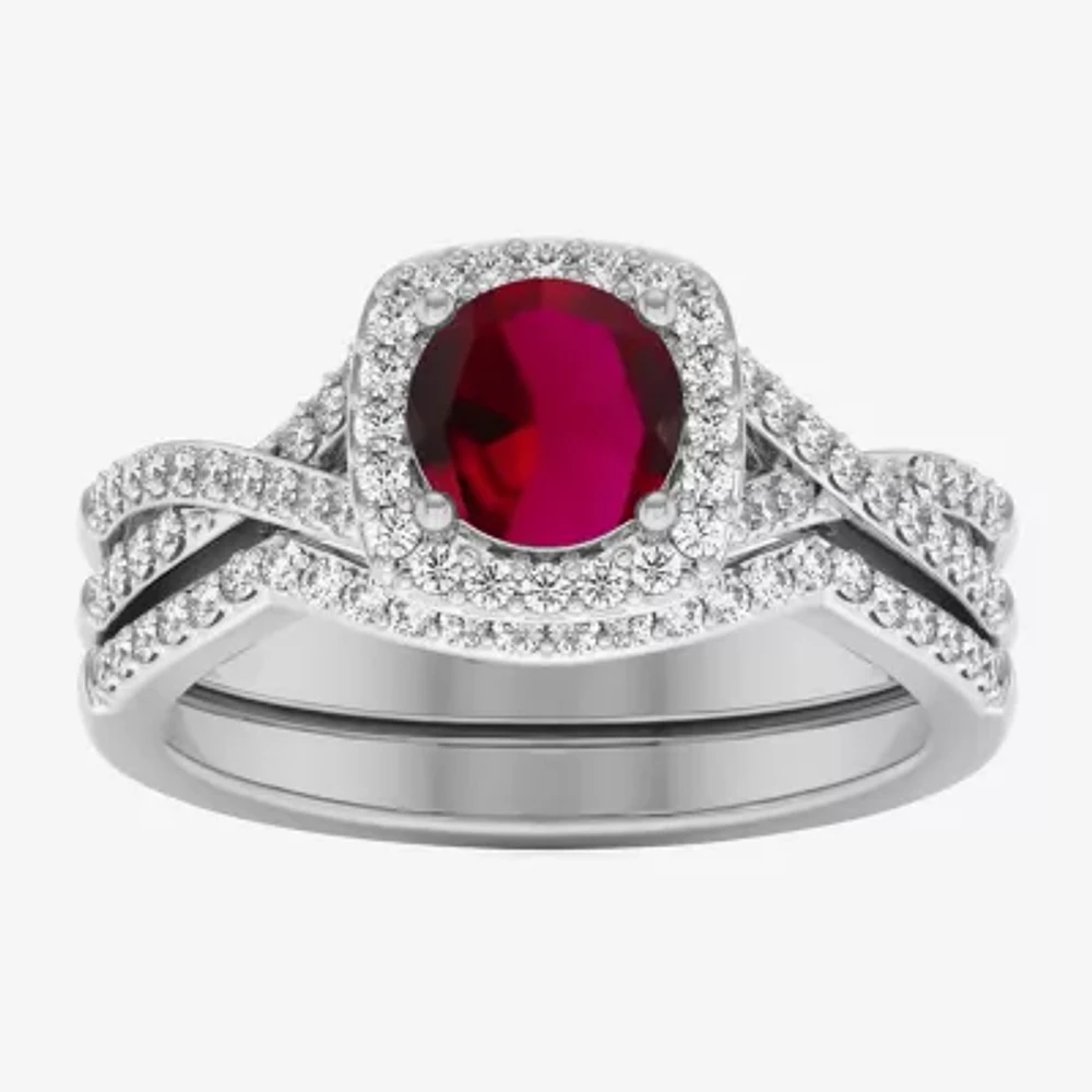 Modern Bride Gemstone Womens 1/2 CT. T.W. Lead Glass-Filled Red Ruby 10K White Gold Cushion Side Stone Crossover Engagement Ring