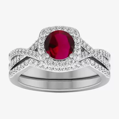 Modern Bride Gemstone Womens 1/2 CT. T.W. Lead Glass-Filled Red Ruby 10K White Gold Cushion Side Stone Crossover Engagement Ring