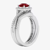 Modern Bride Gemstone Womens 1/2 CT. T.W. Lead Glass-Filled Red Ruby 10K Gold Cushion Side Stone Crossover Engagement Ring