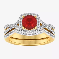 Modern Bride Gemstone and 1/2 CT. T.W. Lab-Grown Diamond 2-PC Cushion Halo Crossover Bridal Set 10K White or Yellow Gold