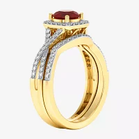 Modern Bride Gemstone and 1/2 CT. T.W. Lab-Grown Diamond 2-PC Cushion Halo Crossover Bridal Set 10K White or Yellow Gold