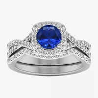 Modern Bride Gemstone Womens 1/2 CT. T.W. Genuine Blue Sapphire 10K Gold Cushion Side Stone Crossover Engagement Ring