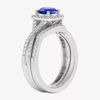 Modern Bride Gemstone Womens 1/2 CT. T.W. Genuine Blue Sapphire 10K Gold Cushion Side Stone Crossover Engagement Ring