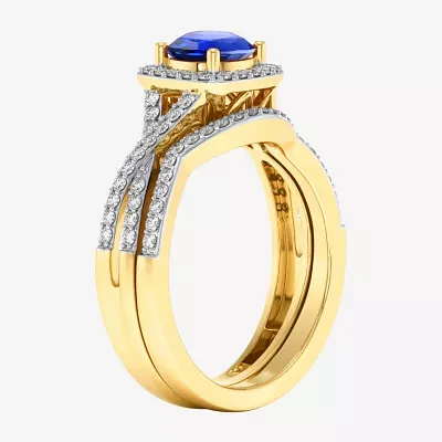 Modern Bride Gemstone Womens 1/2 CT. T.W. Genuine Blue Sapphire 10K Gold Cushion Side Stone Crossover Engagement Ring