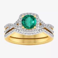 Modern Bride Gemstone Womens 1/2 CT. T.W. Genuine Green Emerald 10K Gold Cushion Side Stone Crossover Engagement Ring