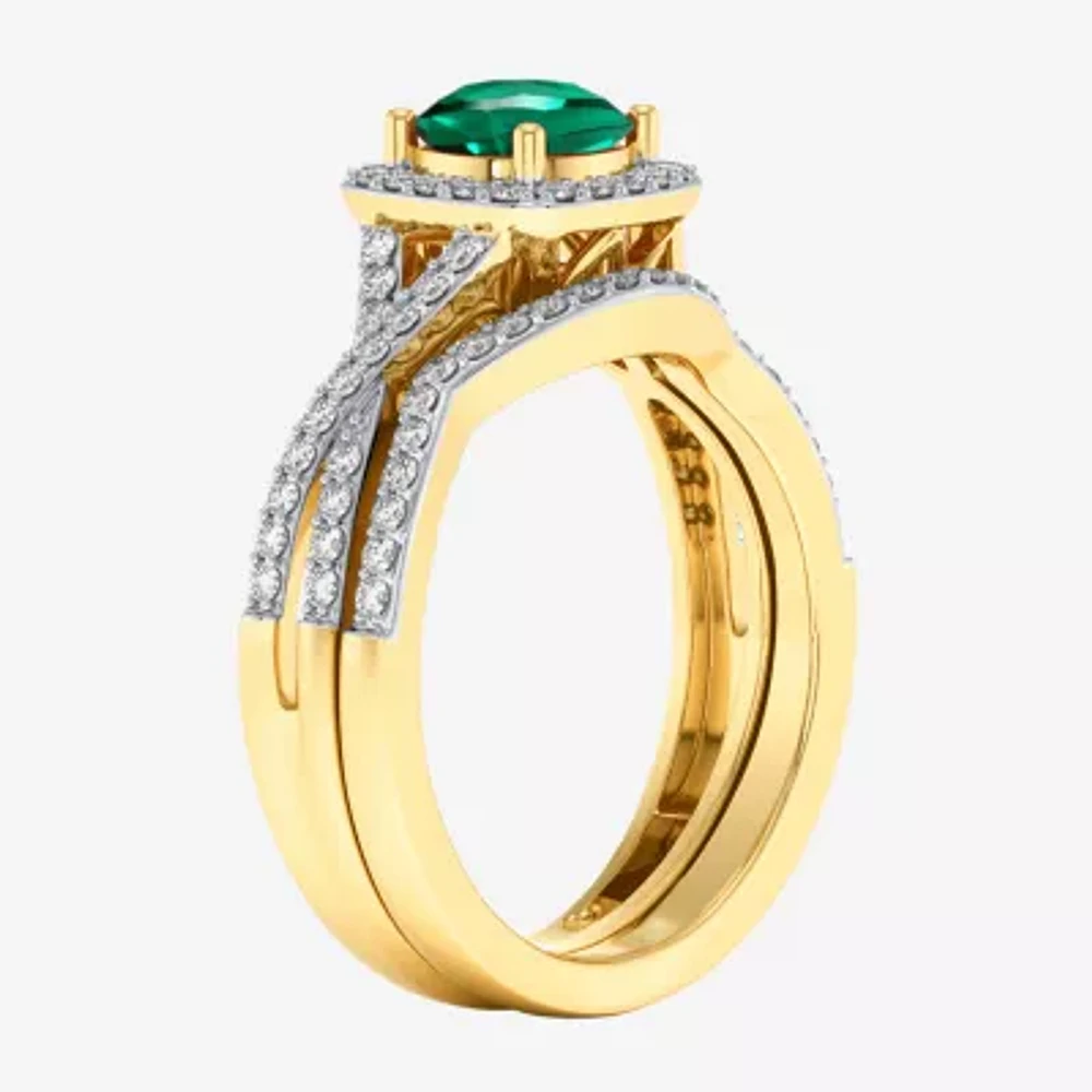 Modern Bride Gemstone Womens 1/2 CT. T.W. Genuine Green Emerald 10K Gold Cushion Side Stone Crossover Engagement Ring