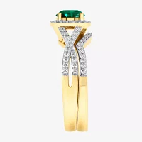 Modern Bride Gemstone Womens 1/2 CT. T.W. Genuine Green Emerald 10K Gold Cushion Side Stone Crossover Engagement Ring