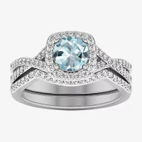 Modern Bride Gemstone Womens 1/2 CT. T.W. Genuine Blue Aquamarine 10K Gold Cushion Side Stone Crossover Engagement Ring