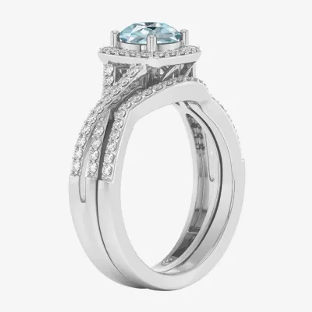 Modern Bride Gemstone Womens 1/2 CT. T.W. Genuine Blue Aquamarine 10K Gold Cushion Side Stone Crossover Engagement Ring