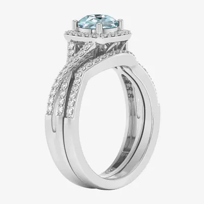 Modern Bride Gemstone Womens 1/2 CT. T.W. Genuine Blue Aquamarine 10K Gold Cushion Side Stone Crossover Engagement Ring