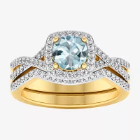 Modern Bride Gemstone and 1/2 CT. T.W. Lab-Grown Diamond 2-PC Cushion Halo Crossover Bridal Set 10K White or Yellow Gold