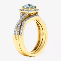 Modern Bride Gemstone and 1/2 CT. T.W. Lab-Grown Diamond 2-PC Cushion Halo Crossover Bridal Set 10K White or Yellow Gold