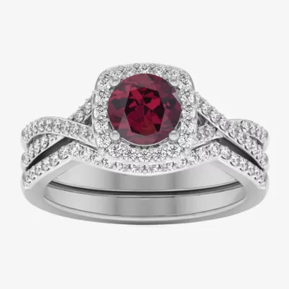 Modern Bride Gemstone and 1/2 CT. T.W. Lab-Grown Diamond 2-PC Cushion Halo Crossover Bridal Set 10K White or Yellow Gold