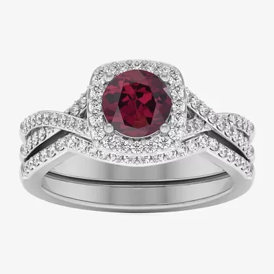 Modern Bride Gemstone and 1/2 CT. T.W. Lab-Grown Diamond 2-PC Cushion Halo Crossover Bridal Set 10K White or Yellow Gold