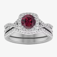 Modern Bride Gemstone Womens 1/2 CT. T.W. Genuine Red Garnet 10K Gold Cushion Side Stone Crossover Engagement Ring