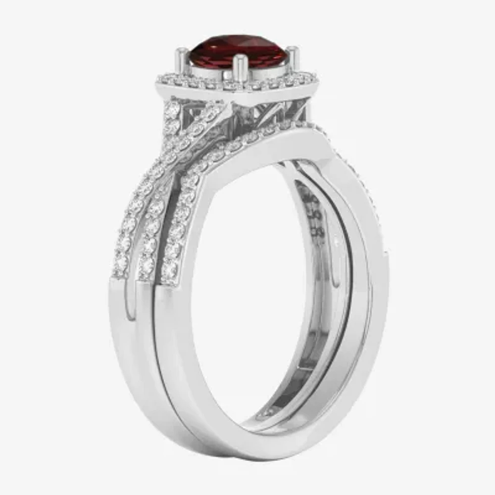 Modern Bride Gemstone Womens 1/2 CT. T.W. Genuine Red Garnet 10K Gold Cushion Side Stone Crossover Engagement Ring