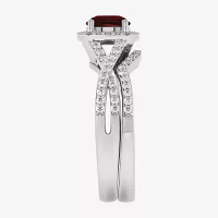 Modern Bride Gemstone Womens 1/2 CT. T.W. Genuine Red Garnet 10K White Gold Cushion Side Stone Crossover Engagement Ring