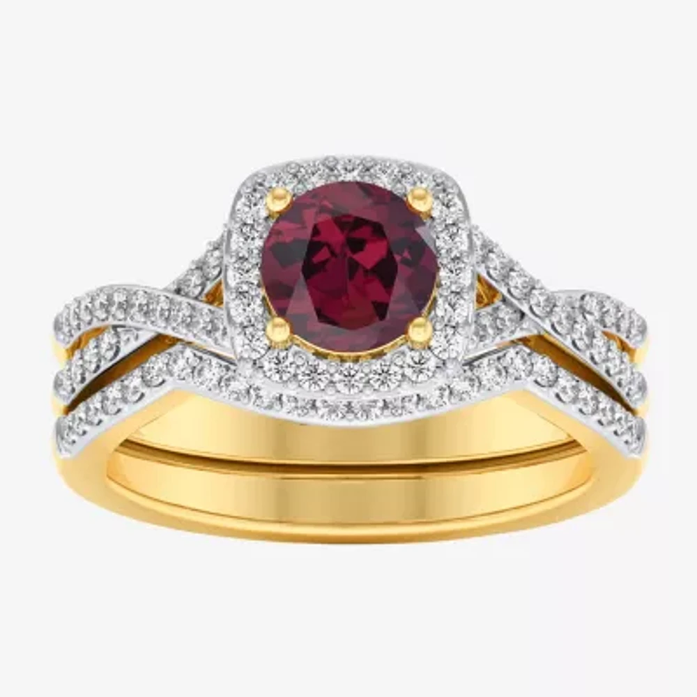 Modern Bride Gemstone Womens 1/2 CT. T.W. Genuine Red Garnet 10K Gold Cushion Side Stone Crossover Engagement Ring