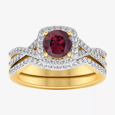 Modern Bride Gemstone Womens 1/2 CT. T.W. Genuine Red Garnet 10K Gold Cushion Side Stone Crossover Engagement Ring