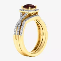 Modern Bride Gemstone Womens 1/2 CT. T.W. Genuine Red Garnet 10K Gold Cushion Side Stone Crossover Engagement Ring