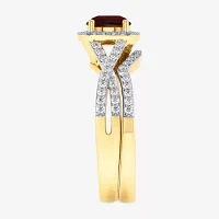 Modern Bride Gemstone Womens 1/2 CT. T.W. Genuine Red Garnet 10K Gold Cushion Side Stone Crossover Engagement Ring