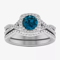 Modern Bride Gemstone Womens 1/2 CT. T.W. Genuine Blue Topaz 10K White Gold Cushion Side Stone Crossover Engagement Ring