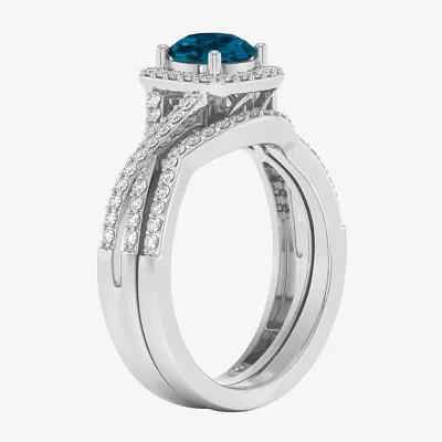 Modern Bride Gemstone Womens 1/2 CT. T.W. Genuine Blue Topaz 10K Gold Cushion Side Stone Crossover Engagement Ring