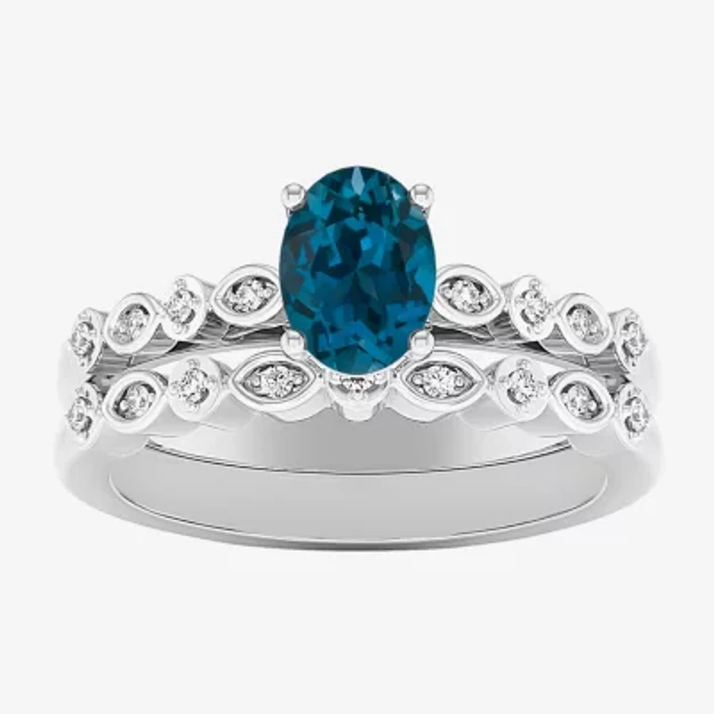 Modern Bride Gemstone Womens 1/8 CT. T.W. Genuine Blue Topaz 10K White Gold Oval Side Stone Bridal Set